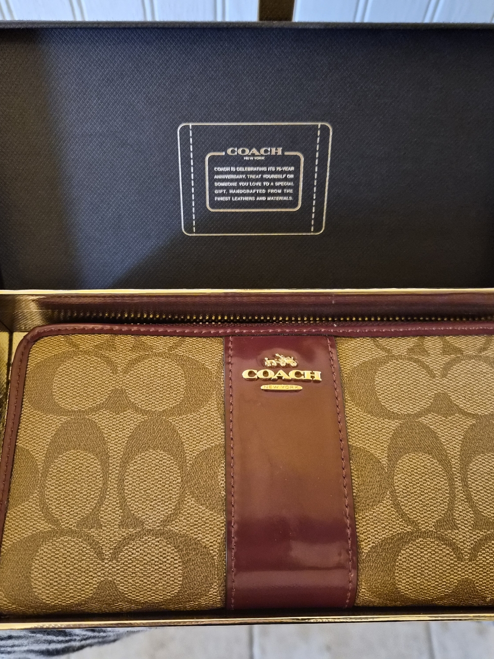 Coach Signature Canvas Wallet in Brown with Burgundy Trim